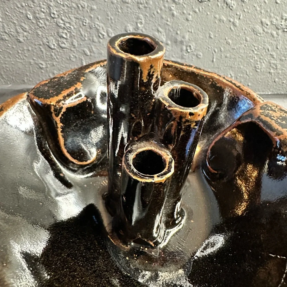Vintage signed glazed brown ceramic flower frog